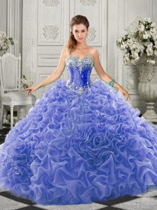 Court Train Ball Gowns Quinceanera Gown Blue Sweetheart Organza Sleeveless Lace Up