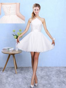 White A-line Chiffon Halter Top Sleeveless Lace and Appliques Mini Length Lace Up Vestidos de Damas