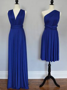 Simple Sleeveless Chiffon Floor Length Lace Up Damas Dress in Royal Blue with Ruching