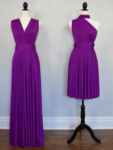 Custom Design Purple Chiffon Lace Up Halter Top Sleeveless Floor Length Dama Dress for Quinceanera Beading and Ruching