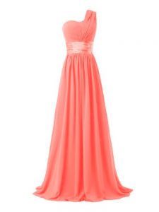 Floor Length Watermelon Red Quinceanera Court of Honor Dress One Shoulder Sleeveless Lace Up