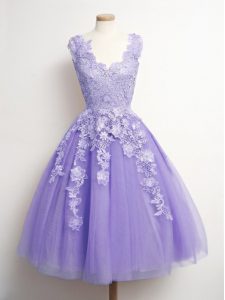 Fine Lavender A-line Appliques Court Dresses for Sweet 16 Lace Up Tulle Sleeveless Knee Length