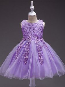 Appliques Child Pageant Dress Lavender Zipper Sleeveless Knee Length