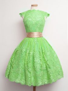 Classical Green Lace Up High-neck Belt Quinceanera Dama Dress Lace Cap Sleeves
