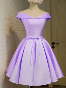 Pretty Lavender A-line Taffeta Off The Shoulder Cap Sleeves Belt Knee Length Lace Up Damas Dress