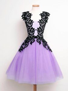 Lavender A-line Lace Quinceanera Dama Dress Lace Up Tulle Sleeveless Knee Length