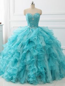 Aqua Blue Lace Up 15th Birthday Dress Beading and Ruffles Sleeveless Brush Train
