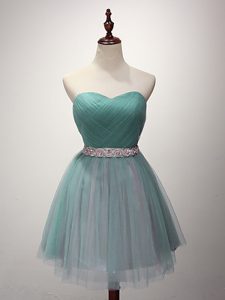 Mini Length Green Vestidos de Damas Tulle Sleeveless Beading and Ruching