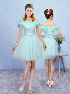 Aqua Blue Off The Shoulder Lace Up Lace Court Dresses for Sweet 16 Cap Sleeves