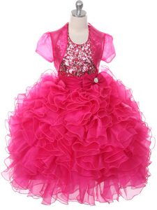 Hot Pink Sleeveless Ruffles and Sequins and Bowknot Floor Length Little Girl Pageant Dress