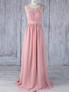 On Sale Chiffon Scoop Sleeveless Criss Cross Appliques Vestidos de Damas in Pink