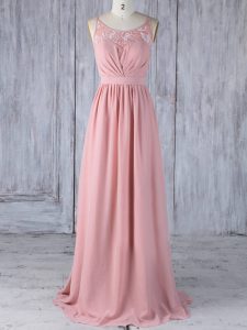 On Sale Chiffon Scoop Sleeveless Criss Cross Appliques Vestidos de Damas in Pink