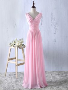 Baby Pink Zipper V-neck Ruching Court Dresses for Sweet 16 Chiffon Sleeveless