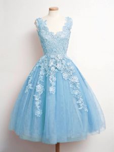 Wonderful Tulle V-neck Sleeveless Lace Up Lace Dama Dress in Baby Blue