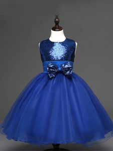 Fashion Sleeveless Tea Length Sequins and Bowknot Zipper Pageant Dress Womens with Royal Blue