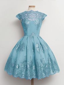 Wonderful Aqua Blue Cap Sleeves Knee Length Lace Lace Up Quinceanera Court of Honor Dress
