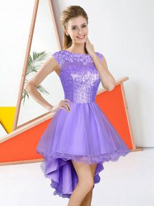 High Low Lavender Dama Dress for Quinceanera Organza Sleeveless Beading and Lace