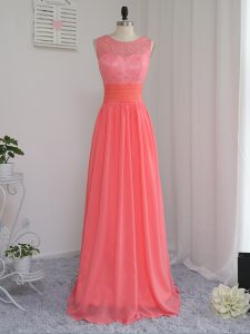 Scoop Sleeveless Damas Dress Floor Length Lace Watermelon Red Chiffon