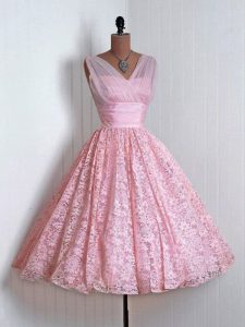 Baby Pink Sleeveless Lace Lace Up Damas Dress for Prom and Party and Wedding Party