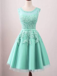 Decent Turquoise A-line Lace Damas Dress Lace Up Tulle Sleeveless Knee Length