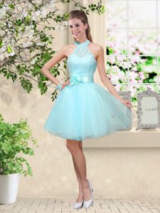 Customized Knee Length Lace Up Damas Dress Aqua Blue for Prom and Party with Lace and Belt