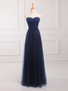 Navy Blue Empire Tulle and Lace Sweetheart Sleeveless Belt Floor Length Lace Up Quinceanera Court Dresses