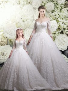Off The Shoulder Half Sleeves Quinceanera Dresses Chapel Train Lace White Tulle