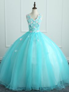 Aqua Blue V-neck Lace Up Appliques Quince Ball Gowns Sleeveless