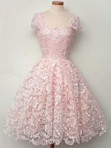 Sumptuous Baby Pink Damas Dress Prom and Party and Wedding Party with Lace Straps Cap Sleeves Lace Up