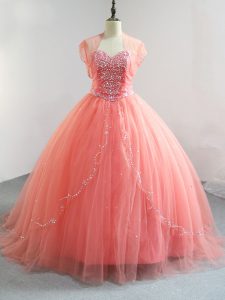 Floor Length Lace Up 15 Quinceanera Dress Watermelon Red for Sweet 16 and Quinceanera with Beading