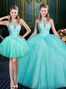 Free and Easy Sleeveless Floor Length Beading and Pick Ups Lace Up Quince Ball Gowns with Aqua Blue