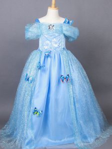 Custom Design Floor Length Light Blue Child Pageant Dress Tulle Short Sleeves Appliques