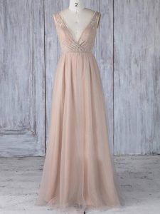 Trendy Empire Dama Dress Peach V-neck Tulle Sleeveless Floor Length Zipper