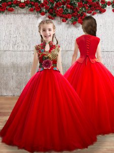 Red Lace Up Little Girls Pageant Dress Wholesale Appliques Sleeveless Floor Length
