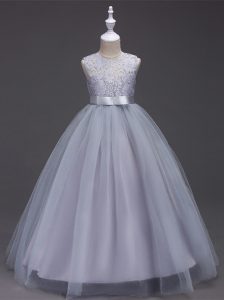 Super Grey Zipper Scoop Lace Pageant Dress Womens Tulle Sleeveless