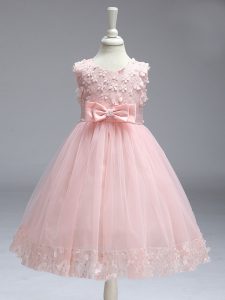 New Style Tulle Sleeveless Knee Length Little Girls Pageant Dress Wholesale and Lace and Bowknot