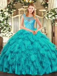 Low Price Aqua Blue Scoop Neckline Beading and Ruffles Quinceanera Dress Sleeveless Lace Up