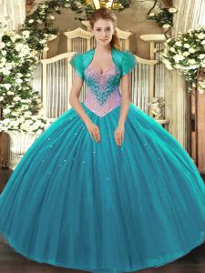 Aqua Blue Sleeveless Beading Floor Length Quinceanera Dresses