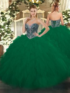Fitting Floor Length Lace Up 15th Birthday Dress Dark Green for Military Ball and Sweet 16 and Quinceanera with Beading and Ruffles