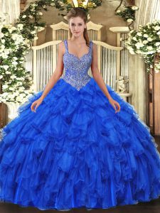Fantastic Straps Sleeveless Lace Up Sweet 16 Dress Royal Blue Organza