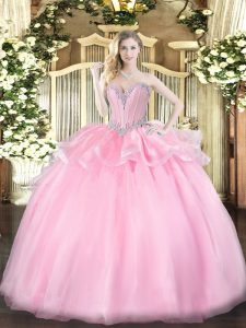 Pink Ball Gowns Sweetheart Sleeveless Organza Floor Length Lace Up Beading Quinceanera Dresses