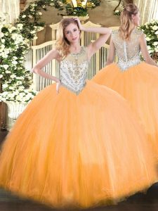 Luxurious Orange Red Sleeveless Tulle Zipper Sweet 16 Quinceanera Dress for Military Ball and Sweet 16 and Quinceanera