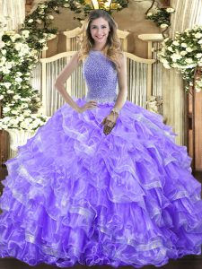 Lavender Ball Gowns High-neck Sleeveless Organza Floor Length Lace Up Beading and Ruffled Layers 15 Quinceanera Dress