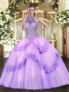 Luxury Lavender Sleeveless Beading and Appliques Floor Length Quinceanera Gown
