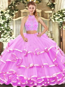 Excellent Lilac Sleeveless Tulle Criss Cross Sweet 16 Dress for Military Ball and Quinceanera