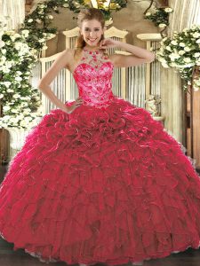 Excellent Red Ball Gowns Organza Halter Top Sleeveless Beading and Ruffles Floor Length Lace Up Sweet 16 Dress