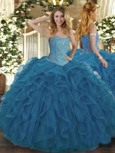 Sweetheart Sleeveless Quinceanera Dresses Floor Length Beading and Ruffles Teal Tulle