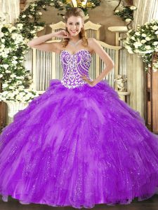 Pretty Sweetheart Sleeveless 15 Quinceanera Dress Floor Length Beading and Ruffles Lavender Tulle