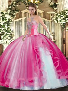 Sweetheart Sleeveless Tulle Quince Ball Gowns Beading and Ruffles Lace Up
