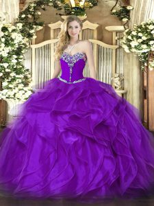 Purple Lace Up Vestidos de Quinceanera Beading and Ruffles Sleeveless Floor Length